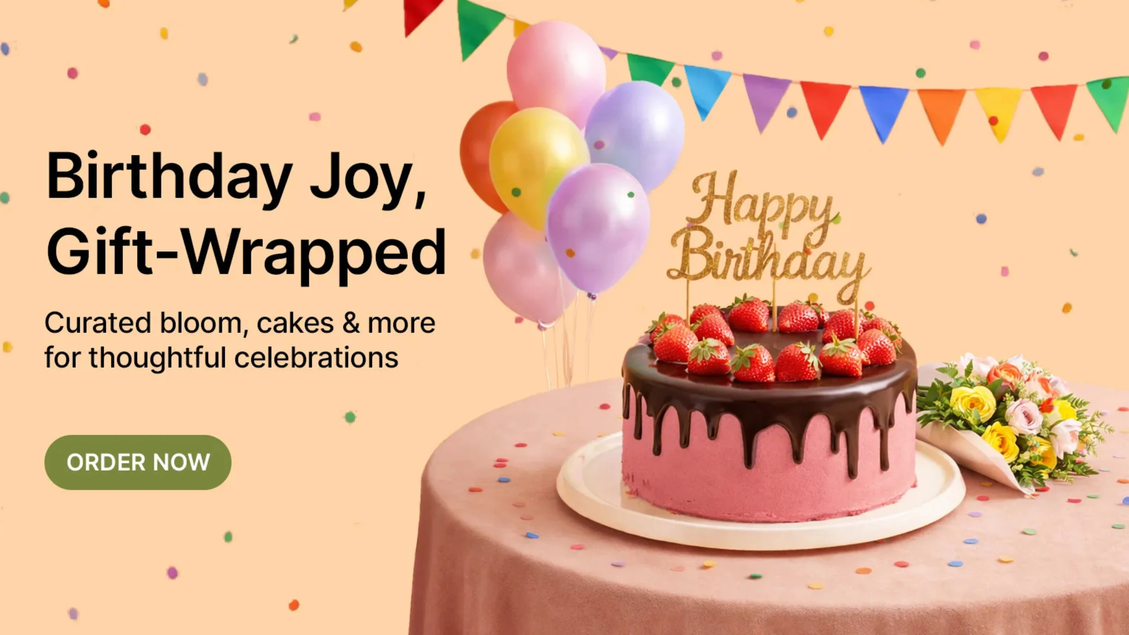 Chocolate strawberry birthday cake with colorful balloons and a "Happy Birthday" topper.