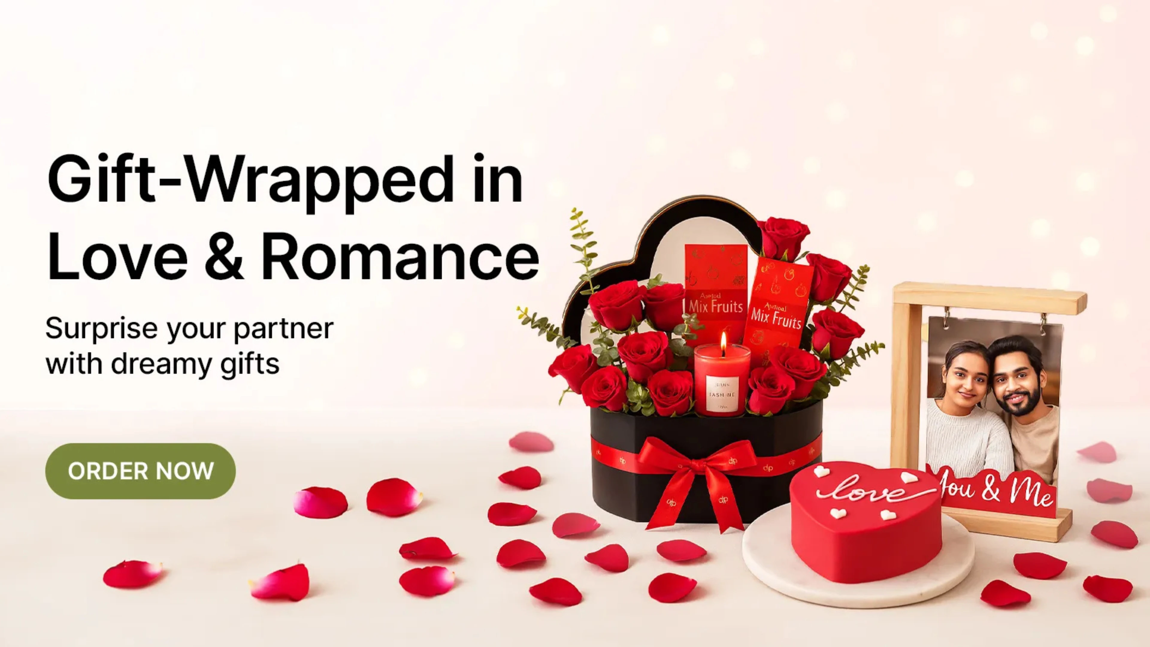 Romantic red rose bouquet with a heart-shaped cake and personalized couple photo frame.
