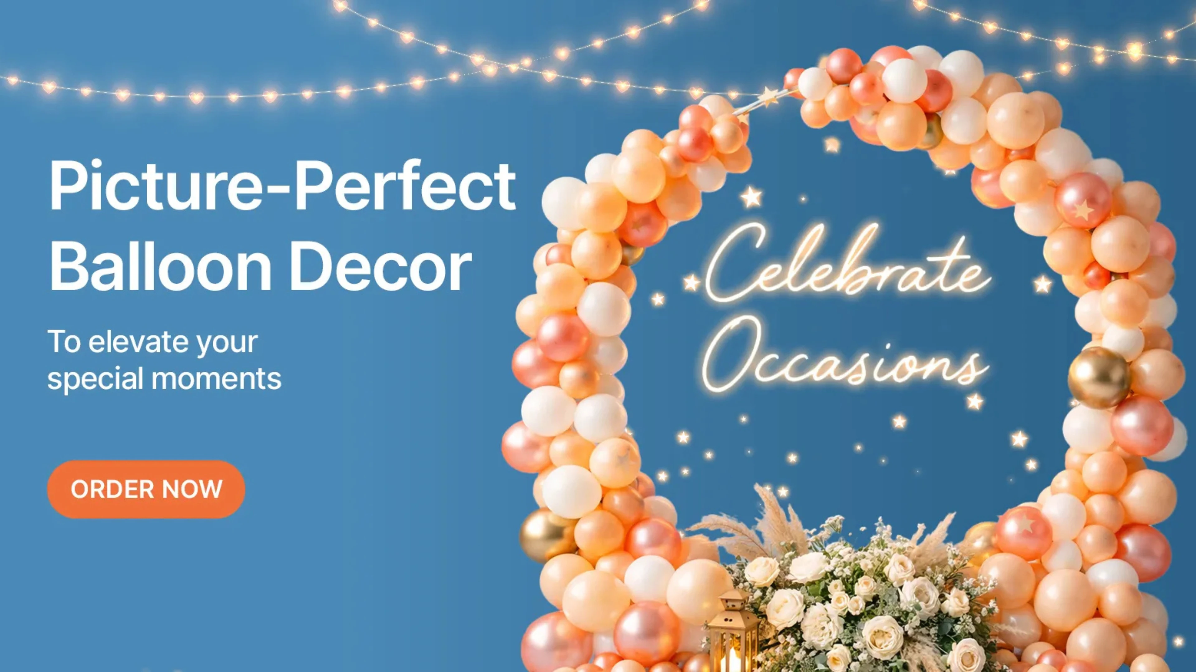 Elegant peach and white balloon arch with floral accents and "Celebrate Occasions" neon sign.